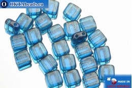 TILE Czech 2-hole beads blue gold luster (GM60080) 6mm25pc TL23